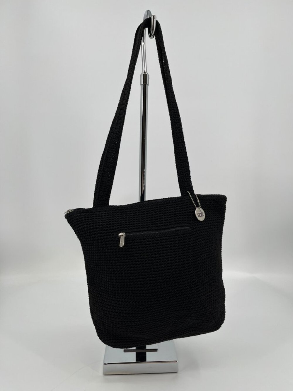 Vintage The Sak Black Crochet Shoulder Tote Bag Pocket Zip Closure Logo Charm
